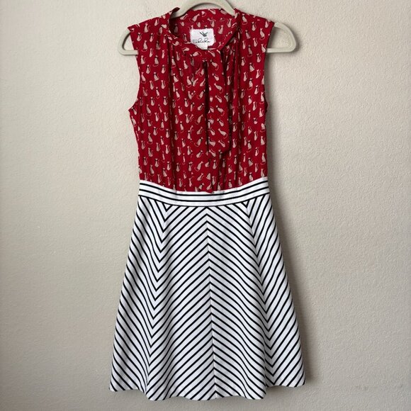 Anthropologie Tabitha Cat Gatto Printed Novelty Dress Striped Tie Neck HTF Rare - Picture 7 of 15
